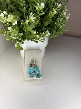 Vintage Faux Turquoise Nugget Clip-On Earrings AB Rhinestone Dangle Boho Western